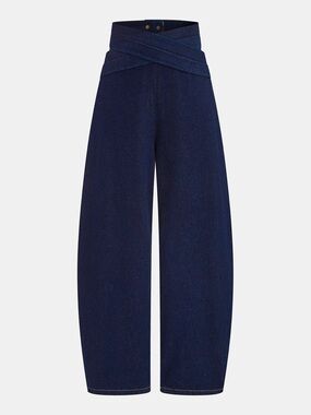 Cross-Over High-Waist Denim Barrel Wide-Leg Jeans